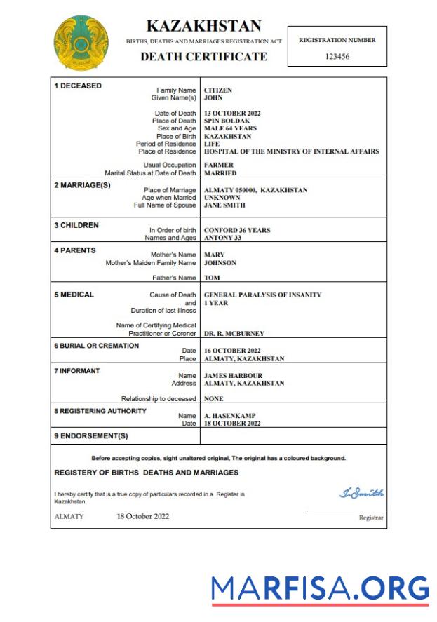 Blank Kazakhstan death certificate Word and PDF template